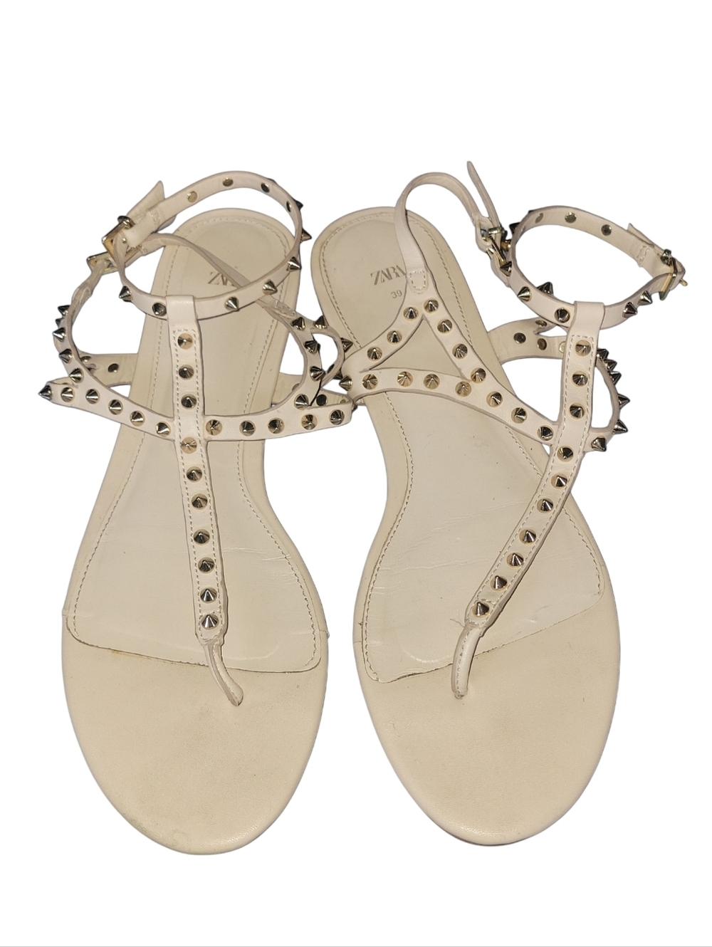 Zara Leather Women's Studded T-Strap Ankle Strap Thong Style Cream Sandals Sz 39 - Picture 1 of 8